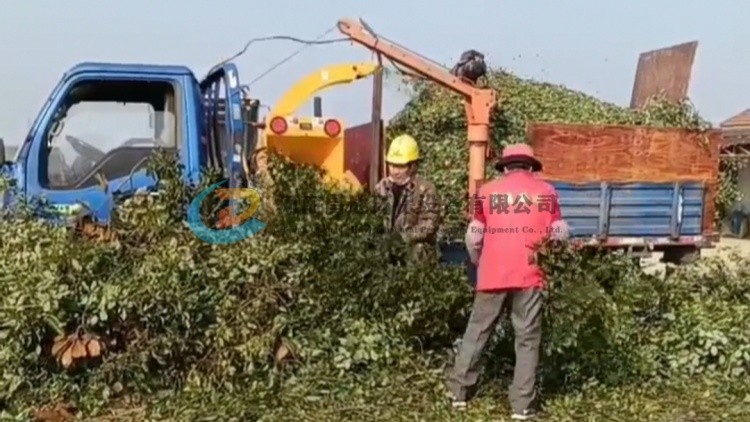 浙江客戶定製小型（xíng）車載式樹枝粉（fěn）碎機，樹枝粉碎機直接噴（pēn）入車廂，方便（biàn）運輸！