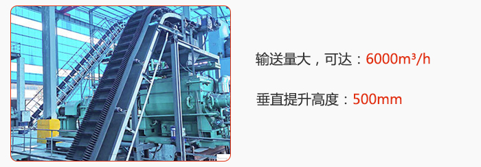 大傾角帶式輸送機輸送量大,可達:6000m³/h,垂直提升高度:500mm