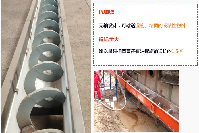 WLS無軸螺旋輸送機輸送量大是相（xiàng）同直徑有軸螺旋輸送機的1.5倍，抗纏繞性好，無軸設計，可輸送濕的、粘稠的（de）或（huò）粘性物料。